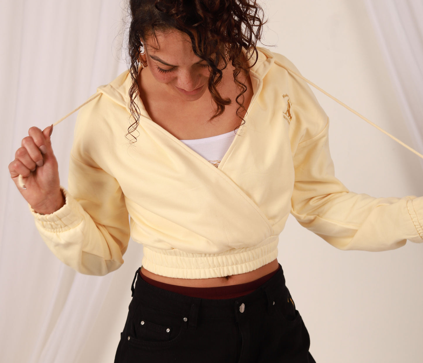 Pastel Yellow Luxury Wrap Style Cropped Hoodie- Unalome